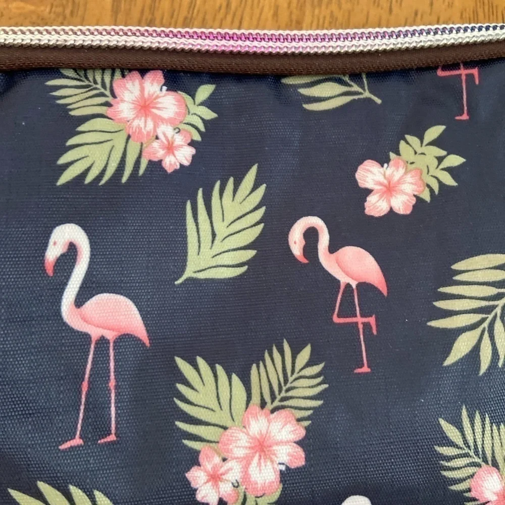 Flamingo Palm Leaf Print Wristlet Tropical Pouch Multi-Zipper Clutch Organizer